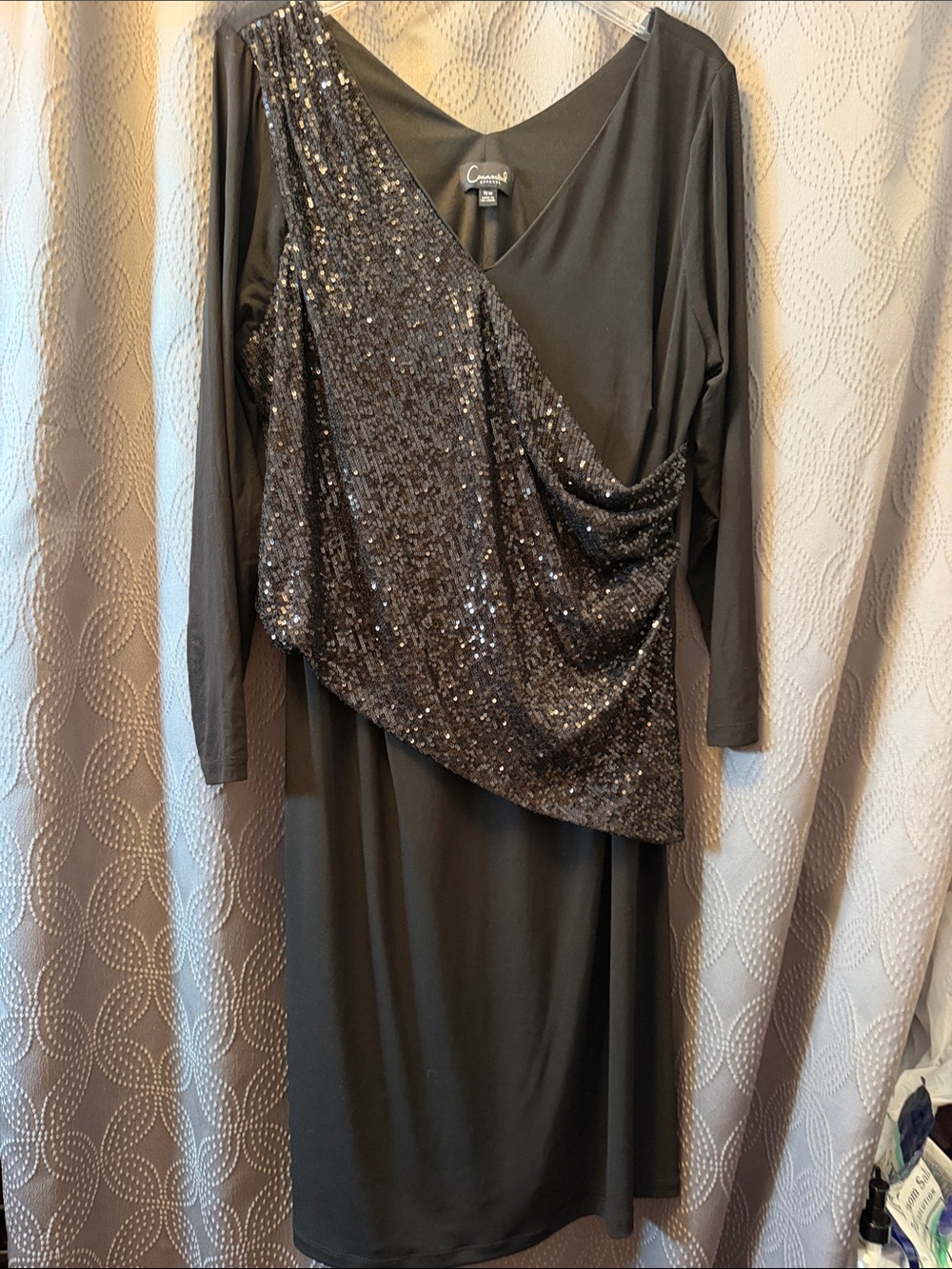connected apparel Black One-Shoulder Sequin Overlay Dress